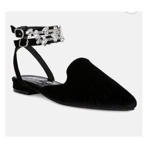 Rag & Co Salome Black Velvet Flat Rhinestone Ankle Strap Mule Sandals Size 6